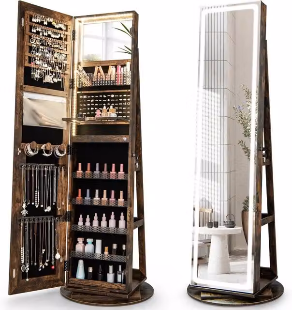 Mobile Portagioie COSTWAY con Specchio a LED e Serratura, Armadietto Autoportante in Stile Industriale con Ripiani Interni e Cassetti, Bianco e Marrone, L/P/H: 54,5 x 54,5 x 160 cm – 1