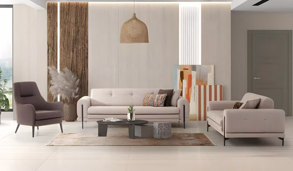 Komplette Couchgarnitur Dreisitzer Zweisitzer Sessel Weiß Stoffsofas