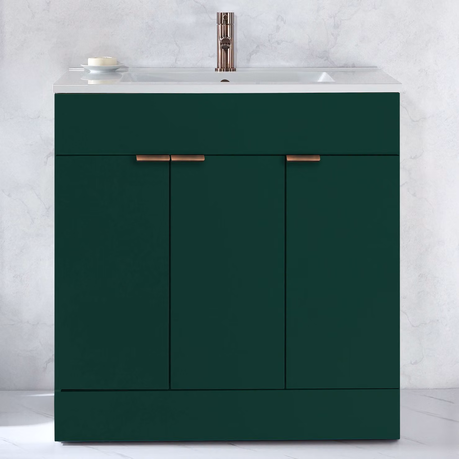 Mobile Bagno a Terra Verde Scuro da 810mm con Lavabo e Maniglie con Impugnatura a Dito in Bronzo Spazzolato - Cluo