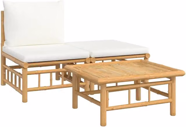 Set Salotto da Giardino 3pz | Set di Mobili da Esterno con Cuscini Bianco Crema in Bamb¨´