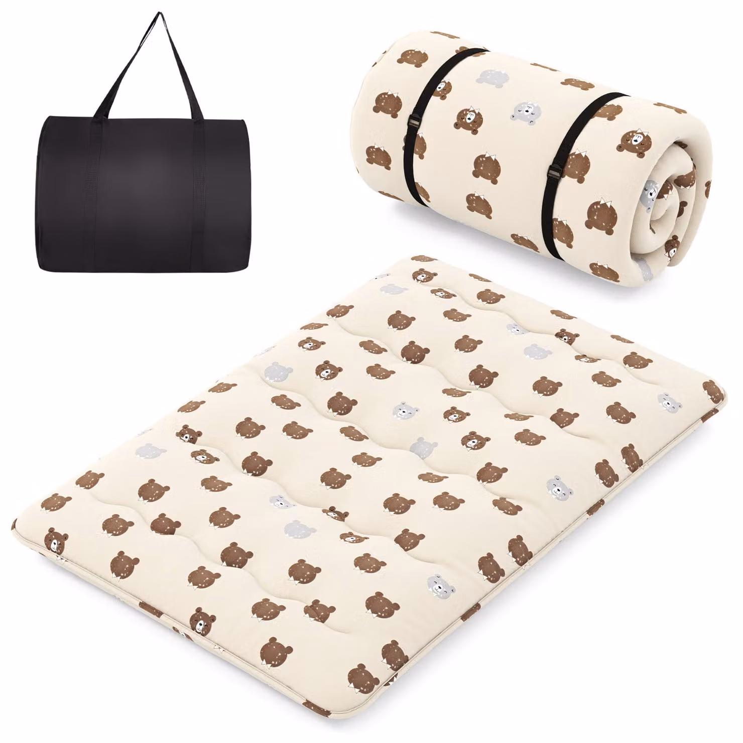 COSTWAY Materasso con fodera lavabile e borsa per il trasporto, tappetino tatami pieghevole, materasso da pavimento 140x200cm orso marrone