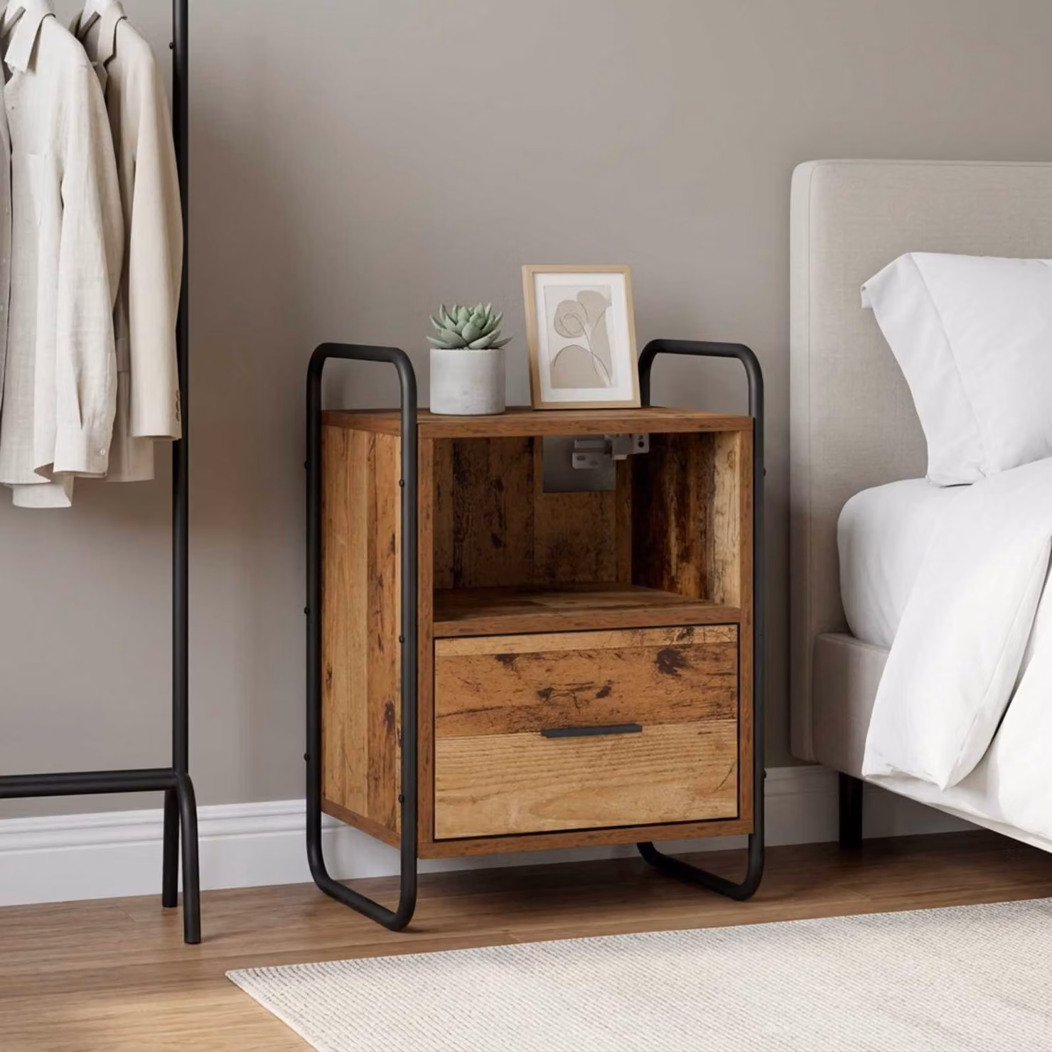 vidaXL Mobiletto da Letto Appeso Moderno in Legno e Metallo, Colore Marrone e Nero, L: 40 cm, P: 30 cm, H: 60 cm