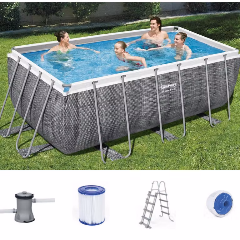 Set piscina Bestway® Power Steel™ Frame con pompa filtro 412 x 201 x 122 cm, look rattan (grigio ardesia), rettangolare