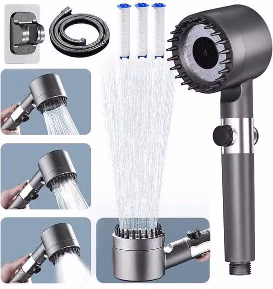 Doccetta ad alta pressione - soffione manuale con filtro - doccetta a risparmio idrico - 4 tipi di getto - massaggio del cuoio capelluto - 4 filtri - tubo da 1,5 metri - supporto