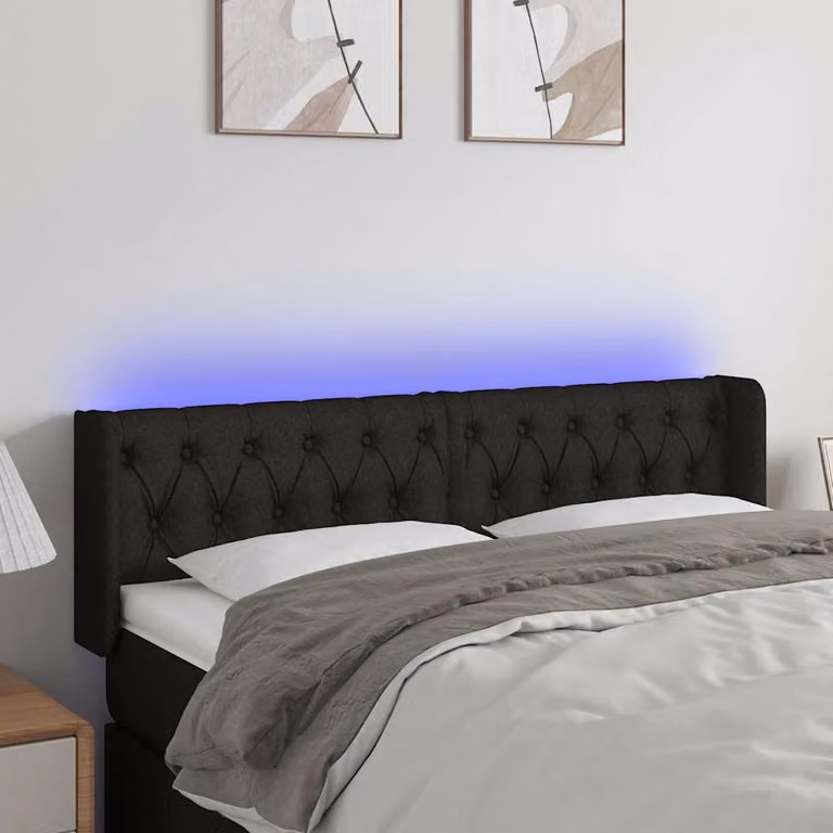 Testiera per letto vidaXL in tessuto nero con illuminazione LED e porta di ricarica USB, L 147 cm x P 16 cm x H 78/88 cm