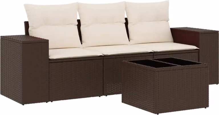Set Divano da Giardino 4 pz con Cuscini Marrone in Polyrattan