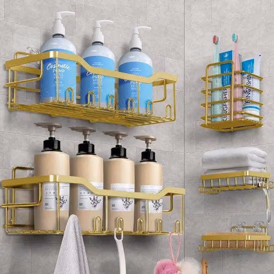 Set da bagno a 5 pezzi Ibenzoa® in acciaio inossidabile SUS304: 2 ripiani, 2 portasapone, portaspazzolini, 12 ganci, superficie nano-spray, impermeabile, senza foratura (adesivo resistente fino a 18 kg)