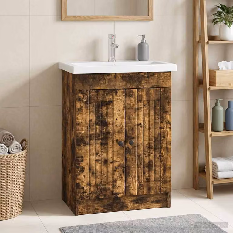 vidaXL Mobiletto da bagno sotto il lavello moderno in Rovere Fumo e Nero con ante a battente e ripiani interni