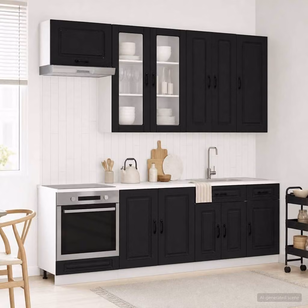 Unità cucina moderna vidaXL KALMAR a parete in 8 pezzi nero opaco con ante in vetro e MDF