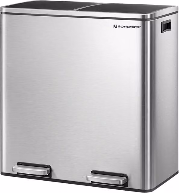 Pattumiera a doppio scomparto Songmics con doppio pedale in acciaio inox anti-impronta e secchi interni rimovibili, colore argento e nero, 2 x 30 litri