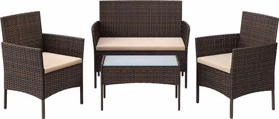 Set di Mobili da Giardino 4 Pezzi - Set di Divani - Mobili da Terrazza - 2 Sedie - 1 Divano - Tavolo da Salotto - Cuscini - Marrone/Cenere
