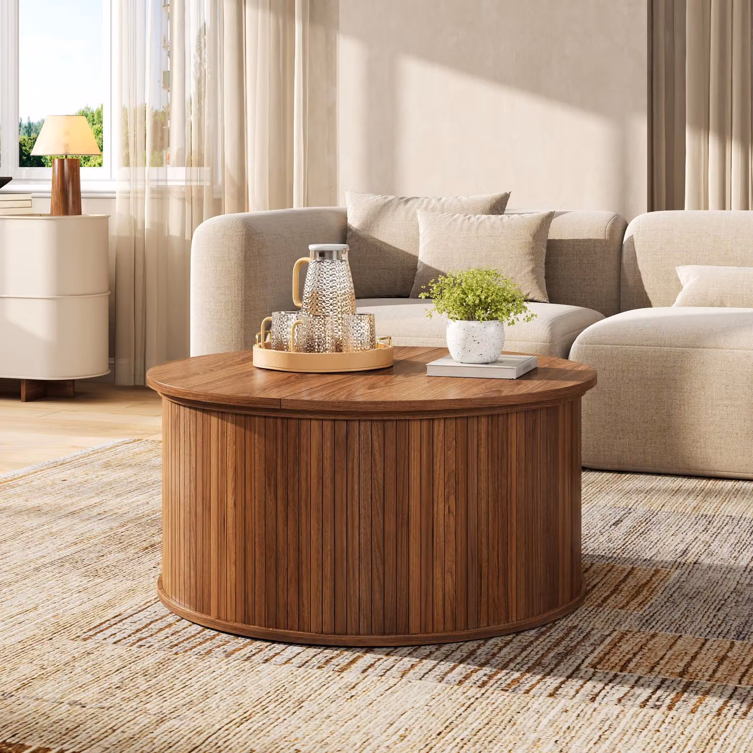 Tavolini da divano rotondi MODFU, con spazio contenitivo, tavolino da soggiorno regolabile in altezza, tavolino rotondo in MDF, tavolino da divano con piano pieghevole e finitura a coste, color noce