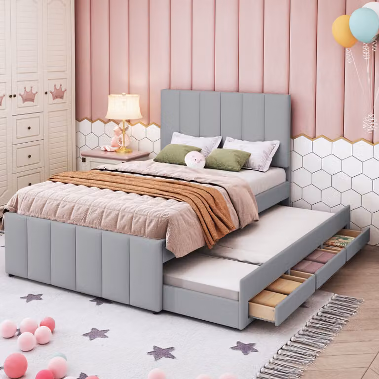 Letto imbottito Flieks con sottoletto, letto singolo per ragazzi con rete a doghe e cassetti, letto per bambini in legno letto per ospiti letto da giorno 90x200/90x190cm, lino
