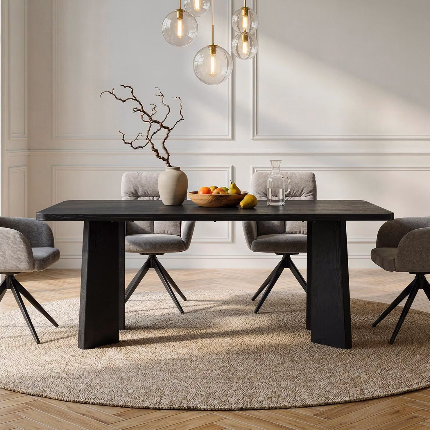 Tavolo da pranzo OLISES 180 x 90 cm, nero - Tavolo da pranzo moderno con gambe dal design accattivante, tavolo da cucina rettangolare in MDF con impiallacciatura di rovere, ideale per la zona pranzo e gli spazi abitativi a pianta aperta