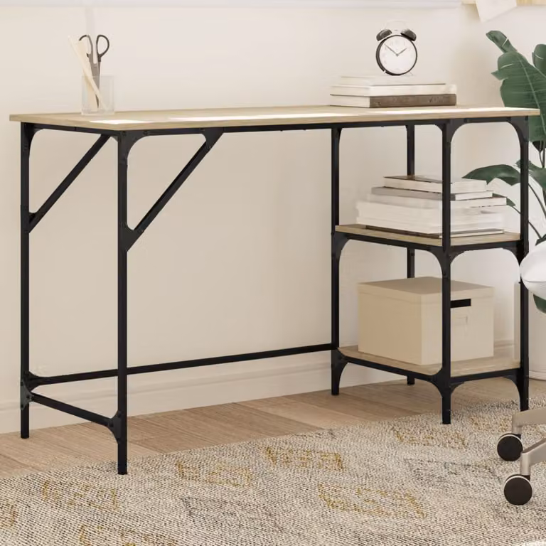 Scrivania da ufficio moderna vidaXL in legno e metallo, colore rovere e marrone, L 120 x P 50 x H 75 cm