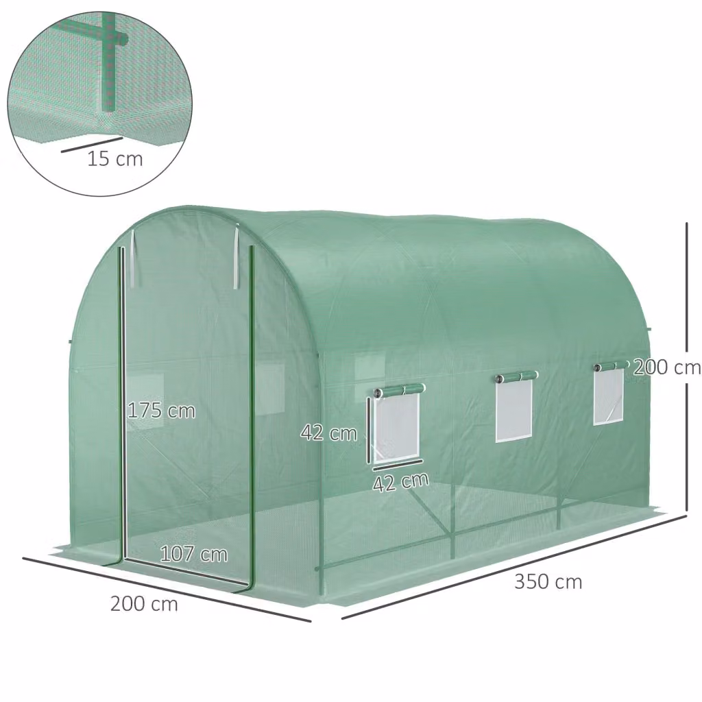 Serra a tunnel WISHDOR con struttura in acciaio e copertura in PE verde, L/P/H: 350 x 200 x 200 cm – 2