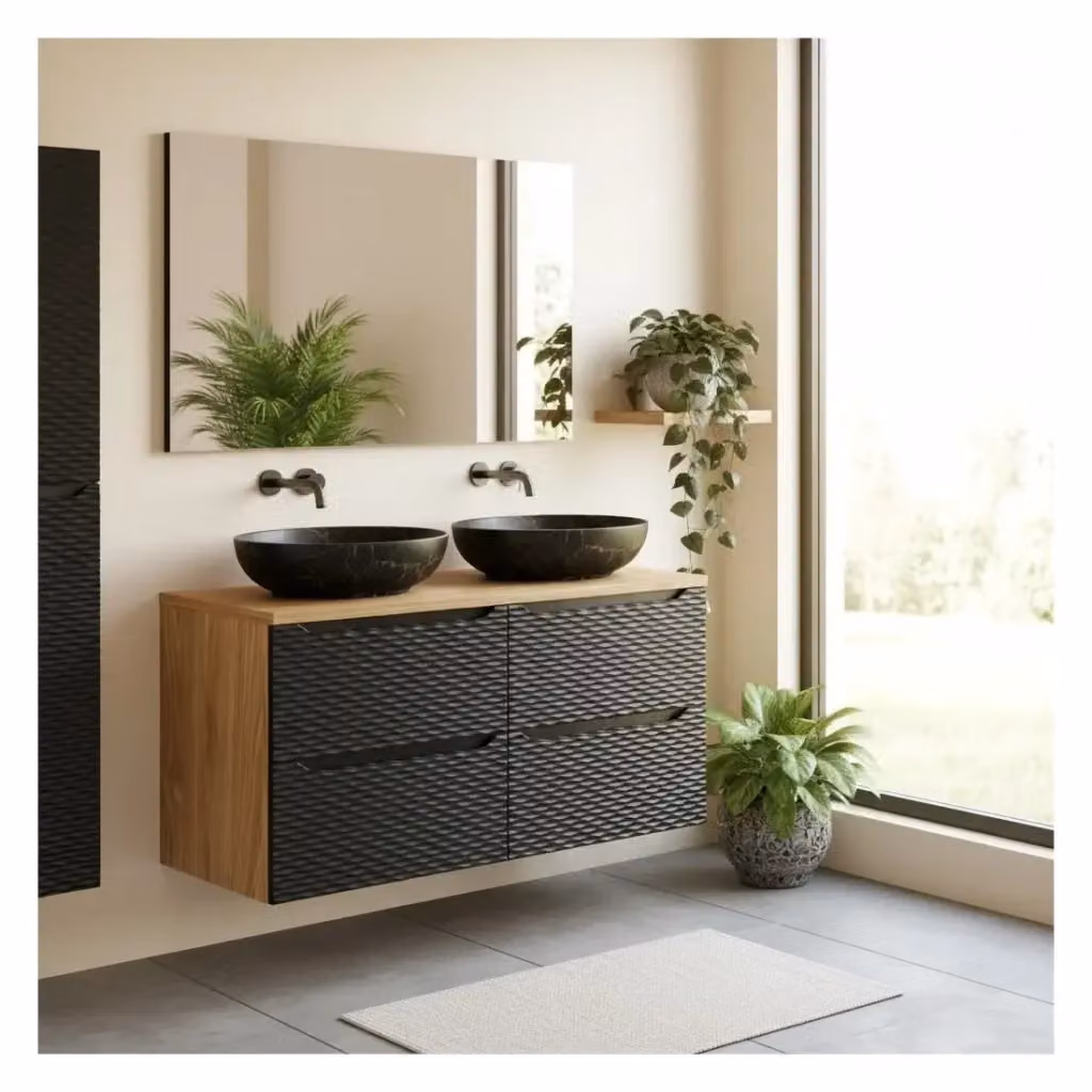 Set da bagno Meublorama YOKA nero e oro: mobile sottolavabo sospeso con cassetti, top e lavabo da appoggio, L: 120 cm, P: 59 cm, H: 73 cm – 2