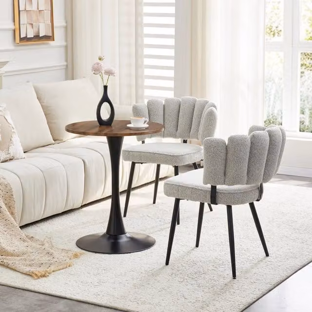 Set Tavolo Rotondo e Sedie da Pranzo ¨C Xylo ¨C Piano MDF, Gambe Metallo Nero, Tessuto Grigio Chiaro