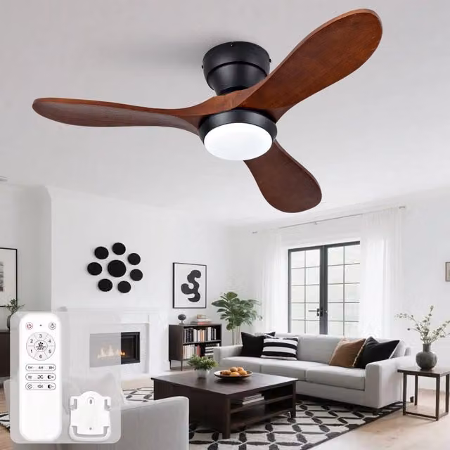 Ventilatore a soffitto con illuminazione LED e telecomando, 3 pale in legno massello, motore DC reversibile e 6 velocità, colore legno e rame, diametro 91,44 cm