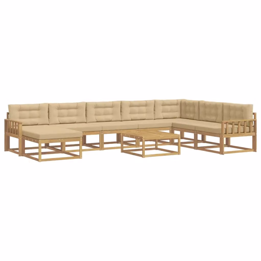 Set di divani da esterno a forma di U vidaXL in legno di acacia con tavolino e pouf, Bianco e Beige – 2