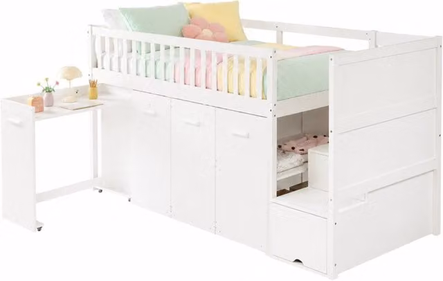 Letto a castello bambino 90x200 cm bianco con scrivania e contenitori, senza materasso