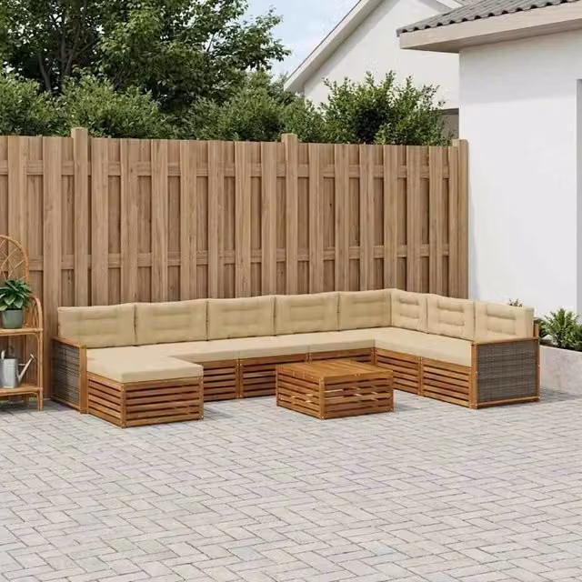 Set di divani da esterno a L vidaXL in legno di acacia con cuscini beige e marrone – 1