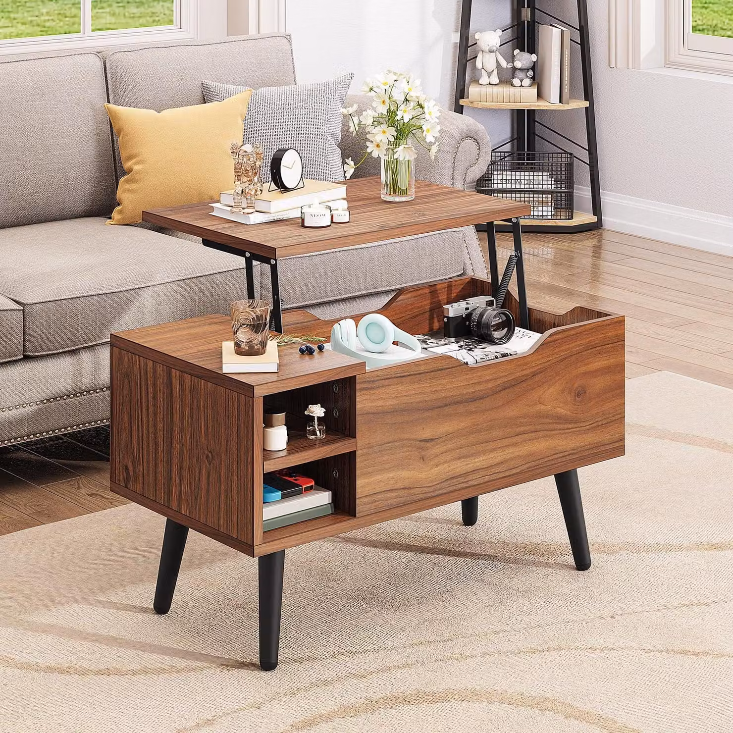 Tavolino da salotto con piano sollevabile - Rovere rustico - 80 x 40 x 61,5 cm - Nero - Per soggiorno, lavoro e pranzo