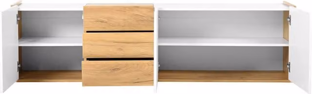 Mobile TV basso in MDF bianco e color legno con 3 ante e 3 cassetti, da appendere o posizionare a terra