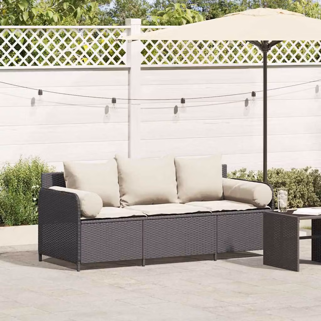 vidaXL Divano da Giardino a 3 Posti in Polyrattan Nero con Cuscini Imbottiti e Rivestimenti Rimovibili