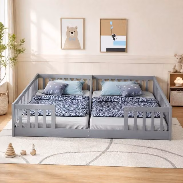 Letto per bambini ULEVR doppio a pavimento 90x200 cm con rete a doghe e sponde di sicurezza, grigio