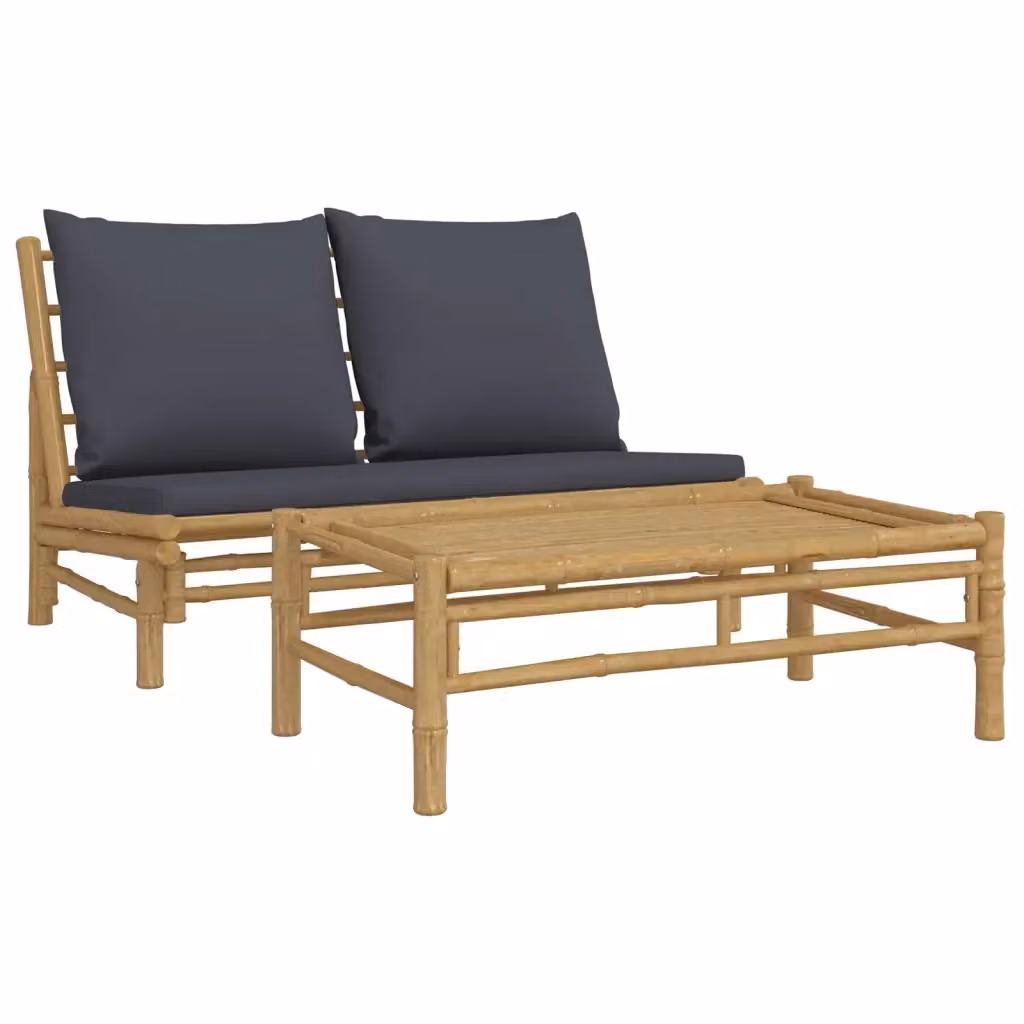 Set Salotto da Giardino Moderno in Bambù con Divano a 2 Posti, Tavolino da Caffè e Cuscini Grigio Scuro – 2