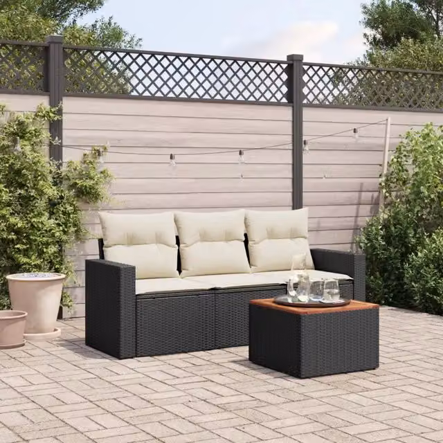 Set Divani da Giardino 4 pz con Cuscini Nero in Polyrattan 3223991