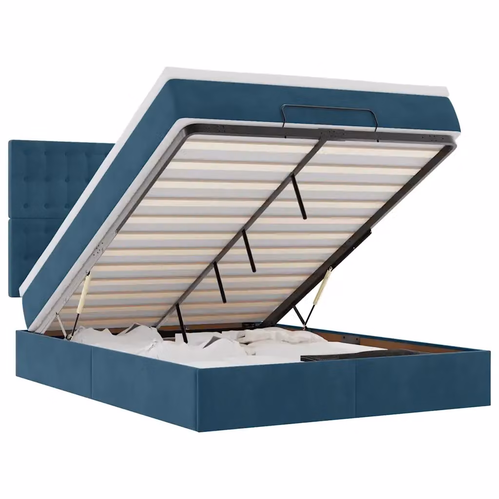 Letto con contenitore a sollevamento e base a molle vidaXL in velluto blu e bianco, L/P/H: 200 x 140 x 128 cm – 2