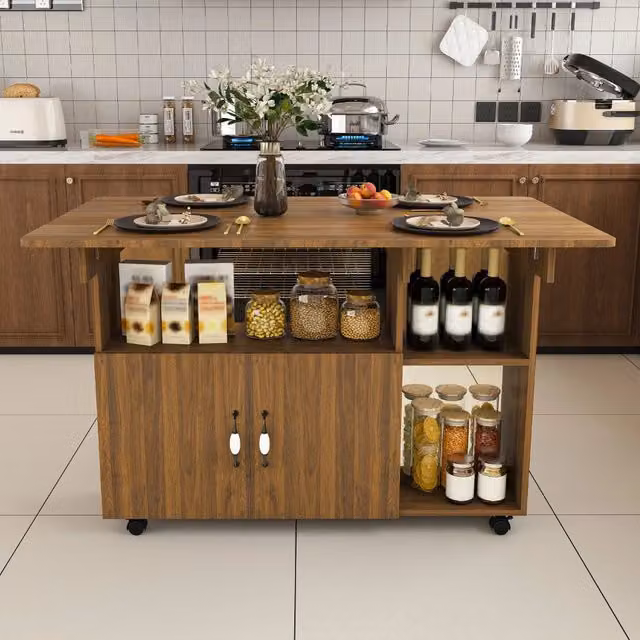 Tavolo da pranzo rettangolare pieghevole e mobile 110x70x80 cm, finitura noce chiaro, con 5 ripiani e 5 ruote (4 bloccabili), salvaspazio per cucina, casa, ufficio
