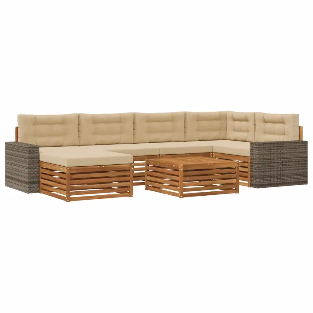 Set di divani da esterno a L vidaXL in legno di acacia e tessuto beige con 7 pezzi inclusi, tra cui tavolino e pouf – 2
