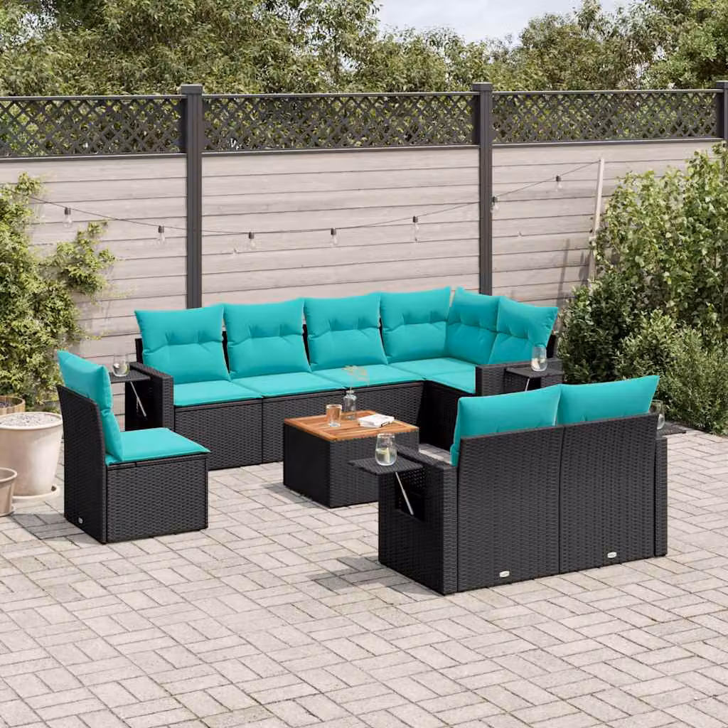 Set di divani da giardino vidaXL in polyrattan nero a forma di U con 9 pezzi, tavolo da caffè e cuscini inclusi