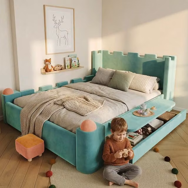 Letto imbottito per bambini a forma di castello con cassetto e mensola, 140x200 cm, velluto verde acqua