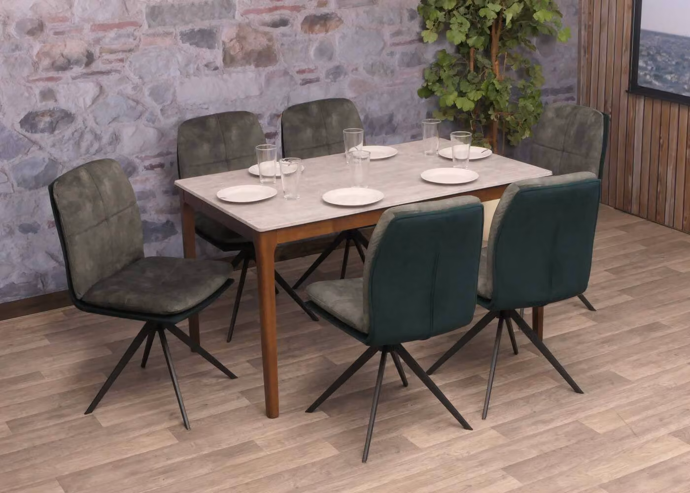 Set da 6 sedie da sala da pranzo MCW-M68, sedie da cucina con schienale, girevoli con posizione automatica, metallo e tessuto ~ verde