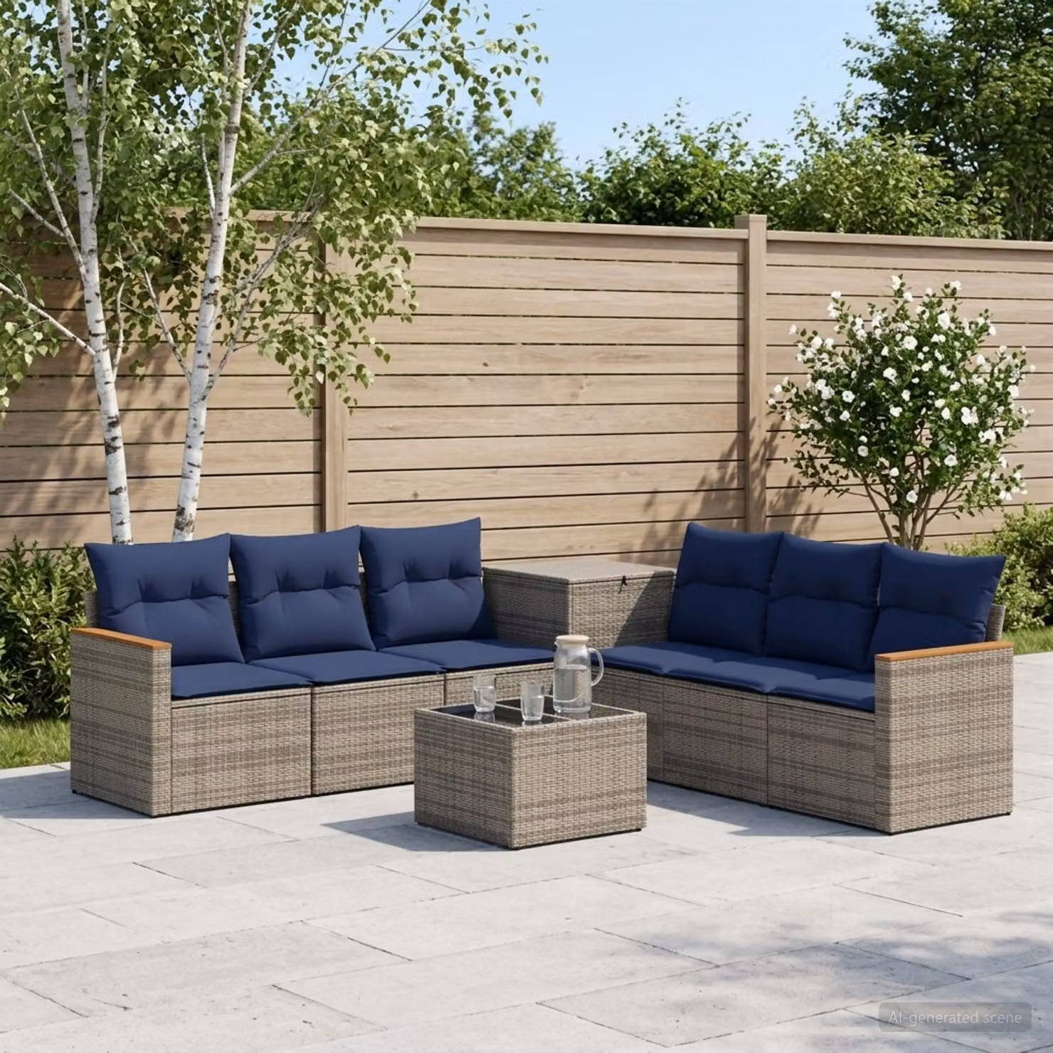 Set di divani da giardino vidaXL a forma di L composto da 8 pezzi in rattan e acciaio, colore grigio e blu navy