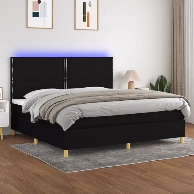 Letto a molle moderno vidaXL in tessuto nero con illuminazione LED sottostante e porta USB, L/P: 200 x 200 cm