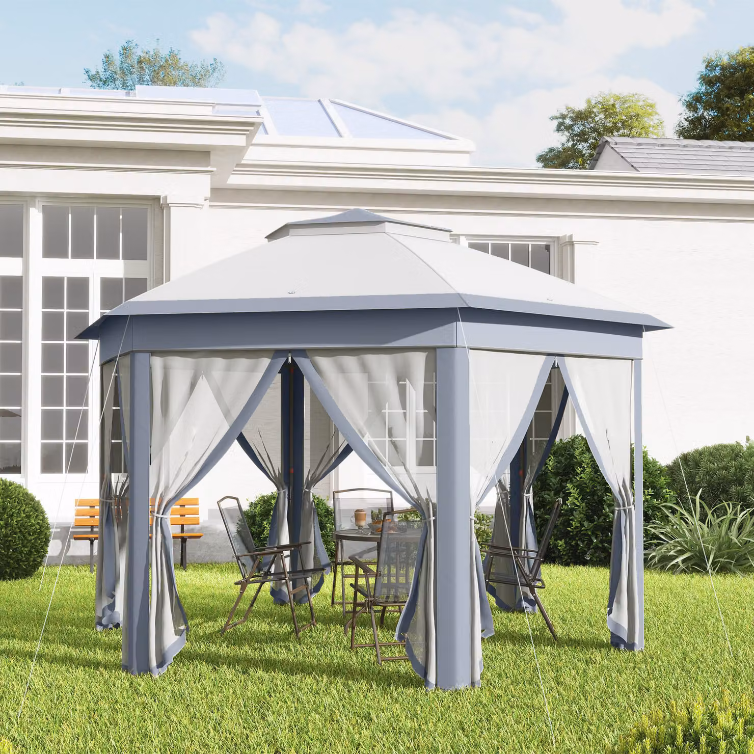 Tenda Pieghevole Outsunny con Doppio Tetto, 6 Zanzariere Rimovibili e Borsa di Trasporto, Anti-UV, Grigio, 4 x 3,4 m – 2
