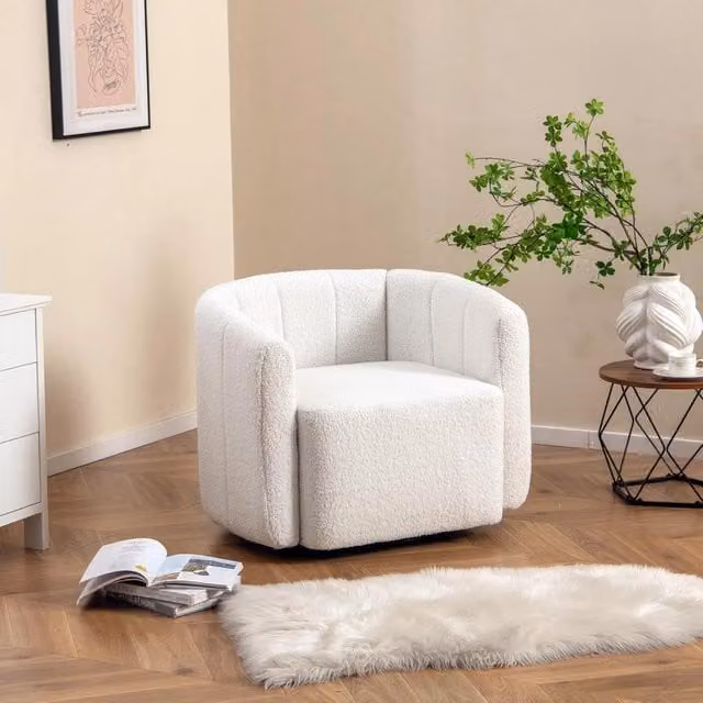 Poltrona girevole moderna Costway in tessuto bouclé bianco con braccioli e struttura in metallo per soggiorno e camera da letto