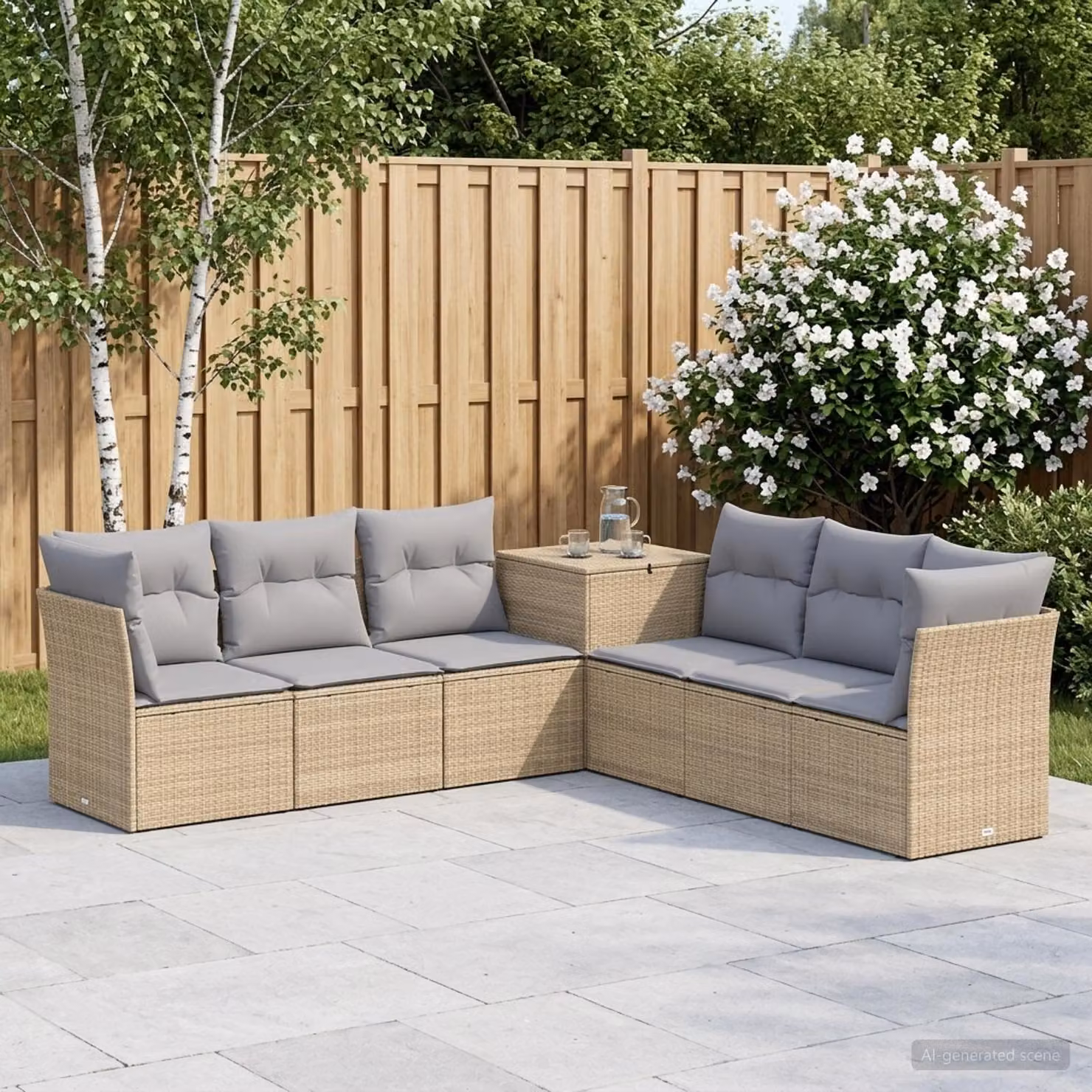 Set di divani da giardino vidaXL a forma di L composto da 7 pezzi in beige e grigio con struttura in metallo e cuscini inclusi