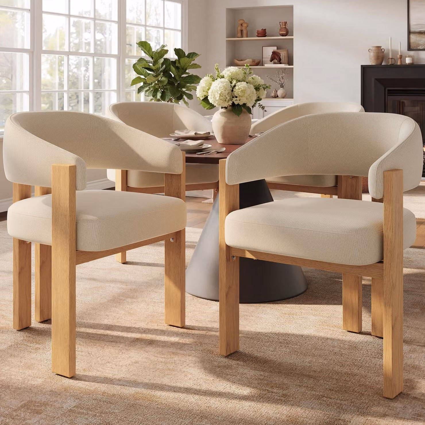 MODFU Sedia da pranzo (4 pezzi) con imbottitura spessa, gambe in ferro robuste e finitura effetto legno; poltrona da salotto con braccioli, finitura naturale