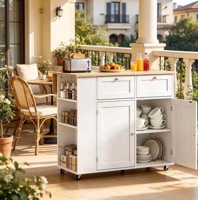 Isola cucina moderna con piano ribaltabile e ruote, struttura in truciolato con finitura melaminica, colore rovere chiaro e bianco