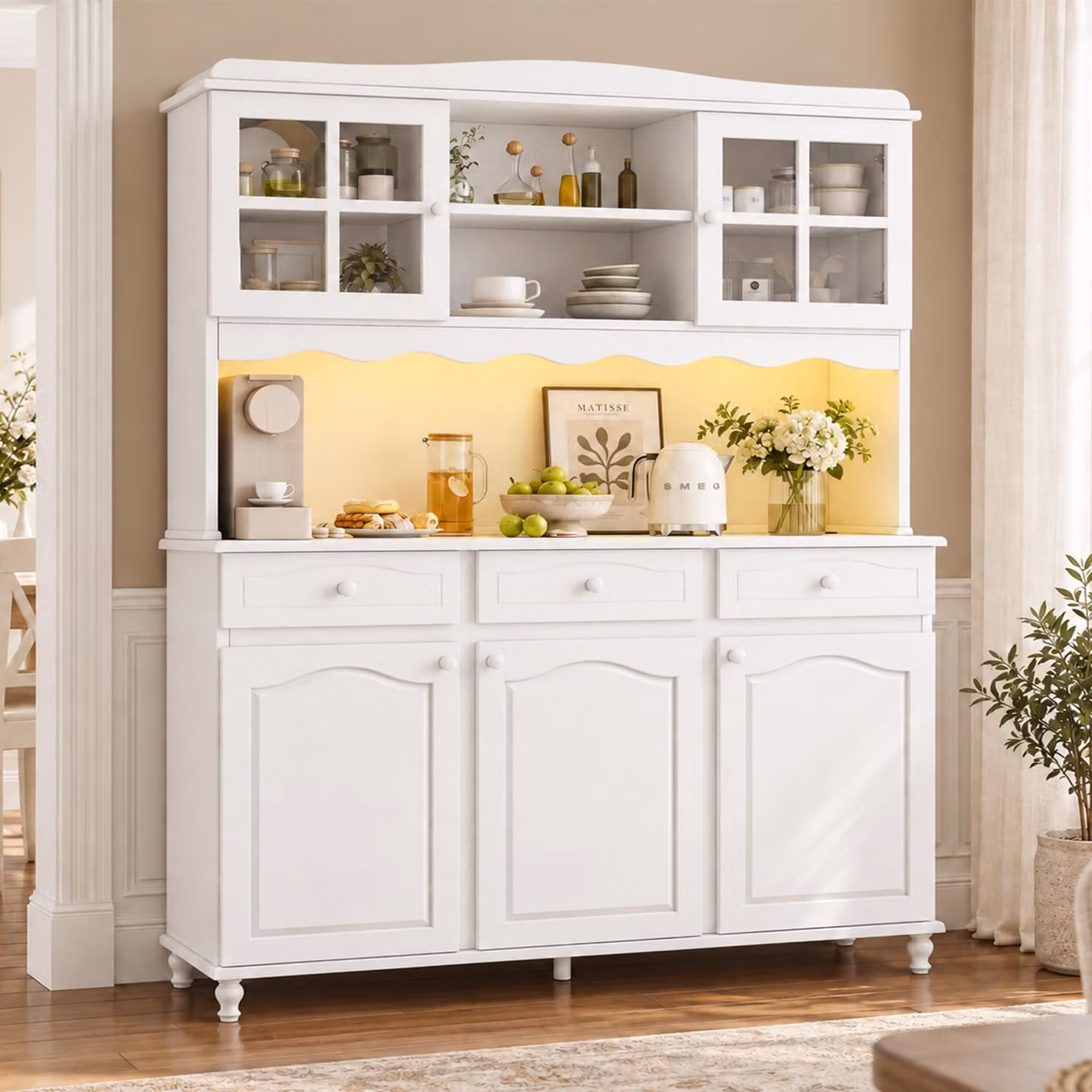 Armadio da cucina con cassetti, credenze con illuminazione a LED e prese di corrente, mobile alto con spazio contenitivo, 135x40x185 cm, bianco, pannello di particelle di legno