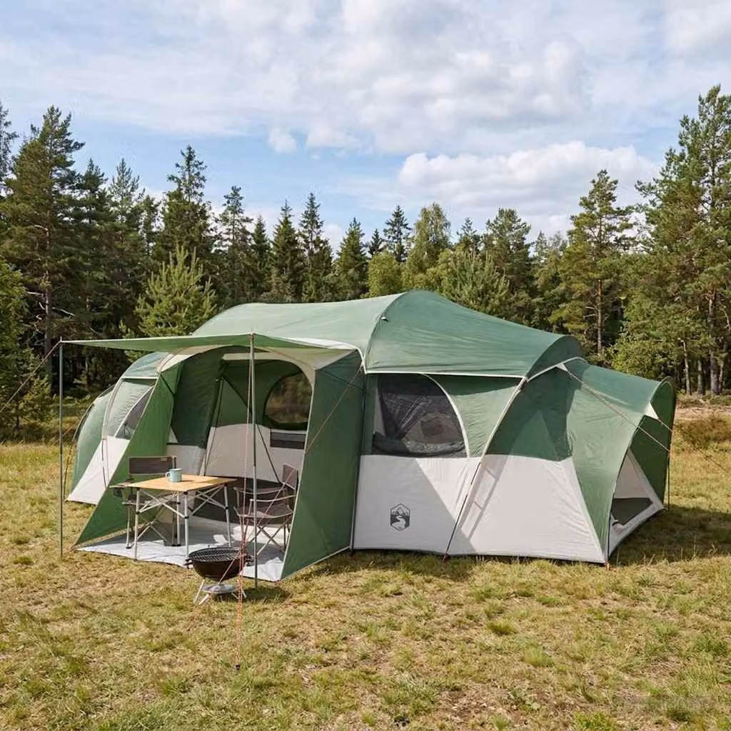 Tenda familiare vidaXL verde con telo da pioggia impermeabile in poliestere e acciaio