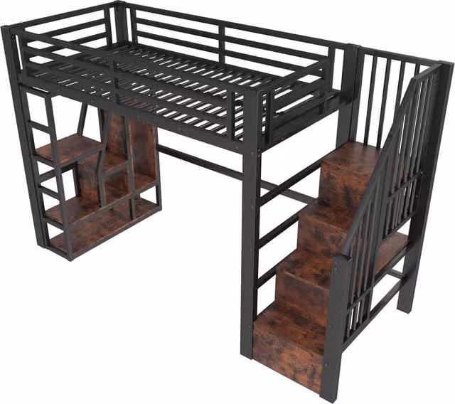 Letto a soppalco singolo Chicfurn in metallo e MDF con LED, ripiani, scala e protezioni, nero e multicolore, L/P/H: 200 x 90 x 160 cm