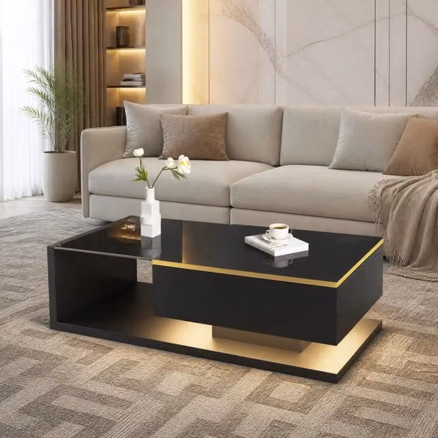 Tavolino 100x50x32,5 cm nero lucido con contenitore, vetro temperato