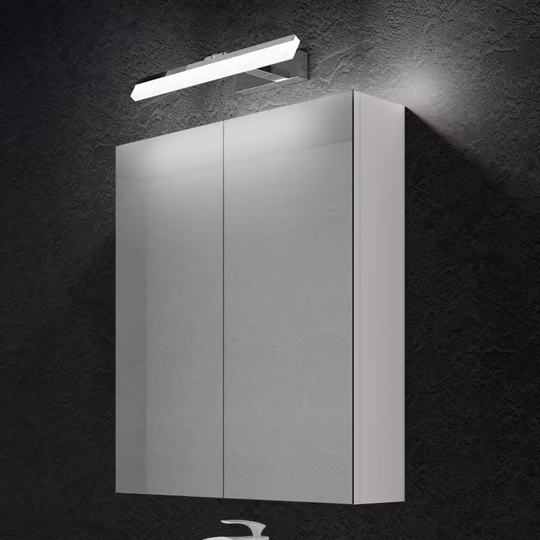 doporro Armadietto a Specchio 60x15x70cm con Lampada da Specchio LED per Bagno 40cm, 9W 6000K, Specchiera Bagno Mobilettto da Parete Bianco con 2 Ante e Applique Specchio Cromo, Spiegelschrank 02